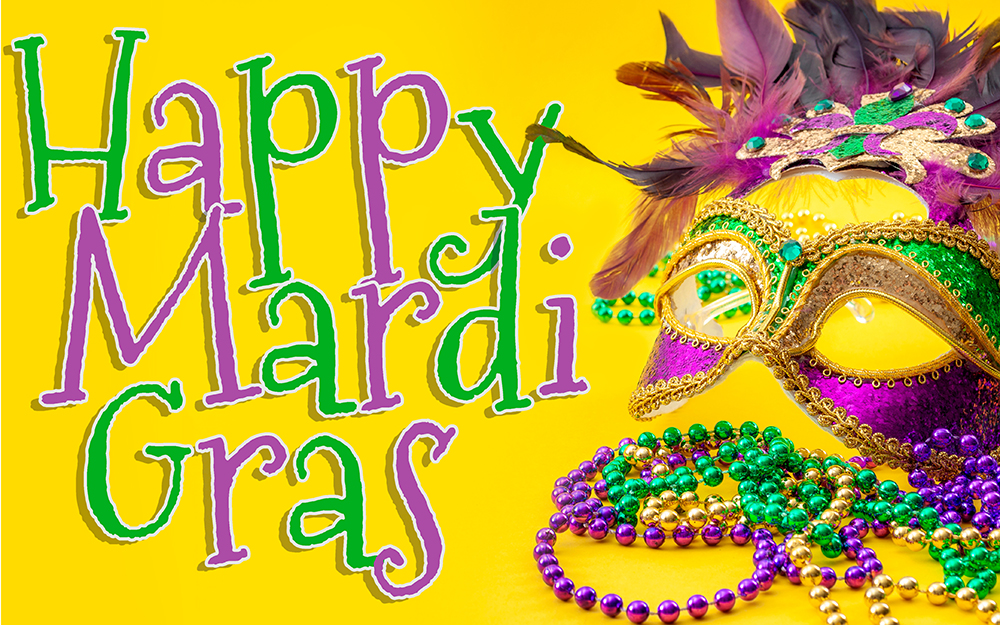 Happy Mardi Gras and Fat Tuesday carnival concept theme with close up on a face mask full of color, feathers and texture and golden, green and purple beads isolated on yellow background with text