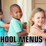 The text "School Menus" shown underneath three young students getting their lunches
